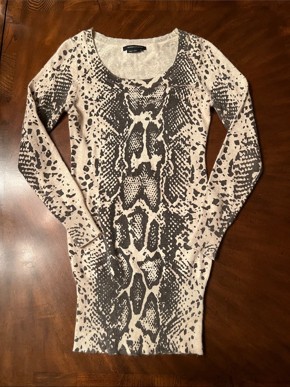 BCBGMaxAzria Beige and Brown Snake-Print Scoop Neck Sweater